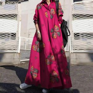 Robes décontractées Robe de style ethnique Robe à imprimé floral Maxi avec col rabattu pour femmes A-ligne Coupe ample Plus Taille Longueur de la cheville