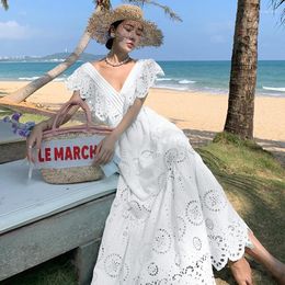 Casual jurken Etnische stijl Fee Holborduurwerk Boheemse jurk Ruches Vliegende mouw V-hals Slimwaist Chique lang strand voor dames