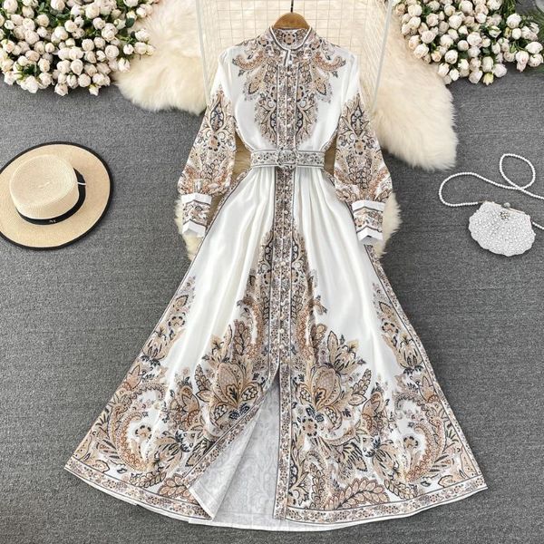 Robes décontractées de style ethnique collier floral royal longue robe de femme avec ceinture 2024 manche d'automne d'été élégante femme