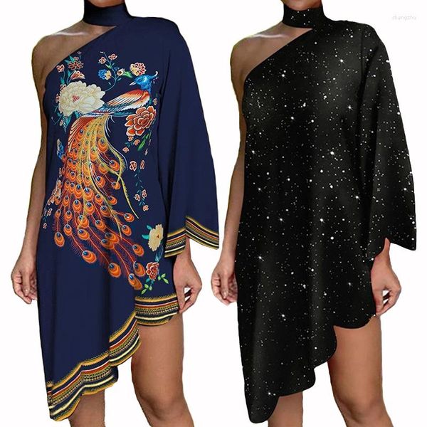 Robes Décontractées Europe Et Amérique Style Une Épaule Lâche Genou Longueur Automne Imprimer À Volants Boho À Manches Longues Robe Courte Pour Les Femmes