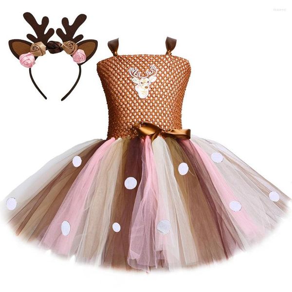 Robes Décontractées Européenne Et Américaine Elk Tutu Jupe Commerce Extérieur Enfants À La Main Maille Moelleux Robe De Fille De Noël Avec Cerceau De Cheveux