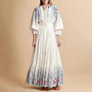 Casual jurken Europese en Amerikaanse mode dames met lange mouwen, pofmouwen, frisse elegante Franse retro bloemenprint, Commuter Belt-jurk