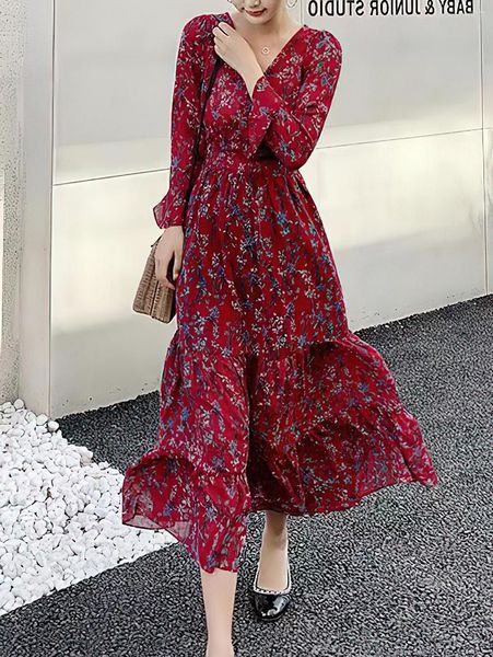 Robes décontractées Mode européenne et américaine Pastorale en plein air Floral Style V-Col V-Col à manches longues Vin Rouge Big Swing Robe superposée