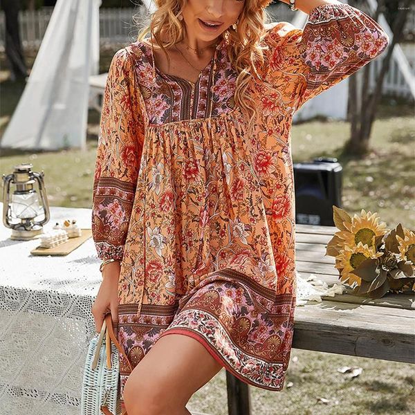 Vestidos casuales estilo europeo y americano para mujeres 2024 elegante talla grande vintage estampado suelto resort vestido bohemio ropa femenina