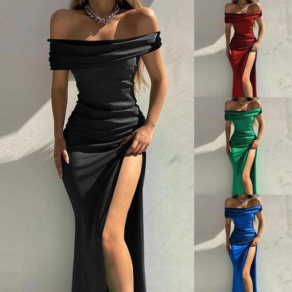 Vestidos casuales Estilo europeo y americano Sólido Manga corta Femenina para adolescentes Niñas Un cuello High Slit Sexy Vestido formal