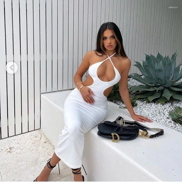 Robes décontractées Style européen et américain Été Mode féminine Blanc Sexy Creux Creux Suspendu Corde Corde Hanche Robe Discothèque Club Longue