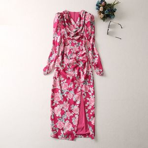 Robes décontractées Vêtements pour femmes européennes et américaines 2023 printemps nouveau col irrégulier à manches longues imprimé rose robe fendue à la mode XXL
