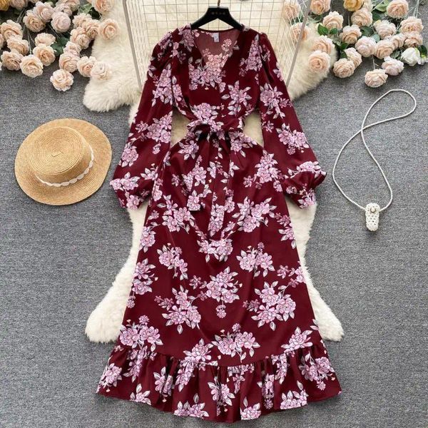 Vestidos casuales Ropa de mujer europea y americana Moda Manga larga suelta A-Line Impreso Maxi Primavera Otoño Damas Vintage Robe