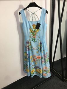 Casual jurken Europese luxe designer ontwerpt Nieuwe lente/zomer 2023 Sequin kralen bloemenprint Open rugriem jurk