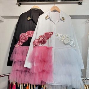 Casual jurken Europese stijl oversized shirt jurk vrouwen 2024 zware industrie gaas stiksel lange mouwen losse driedimensionale bloem
