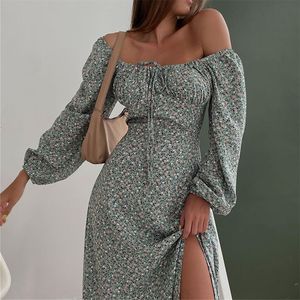 Robes Décontractées Style Européen Slash Neck Bandage Floral Femmes Robe Longueur Cheville Split Taille Haute Sexy Manches Longues Lanterne Vintage Jupe Longue 230509