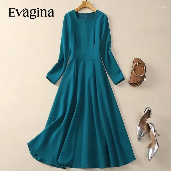 Vestidos informales Evagina Fashion Designer Collar Square Collar Square Manga larga Vestido de temperamento delgado