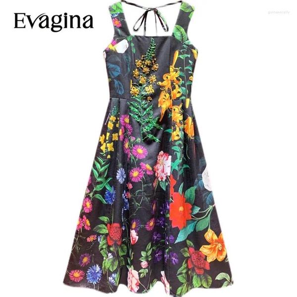 Vestidos casuales Evagina francés vintage estampado de clavos cintura mini vestido primavera verano para mujeres sin mangas cuadrada de cuello de cuello