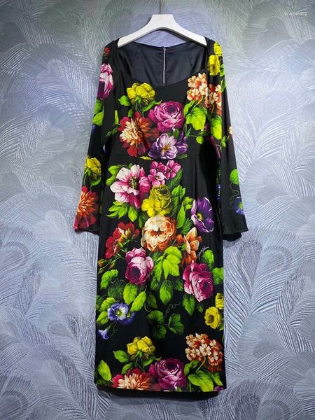 Robes décontractées Evagina Printemps / Été Tempérament de soie Banlieue Col carré Imprimé floral Robe noire à manches longues