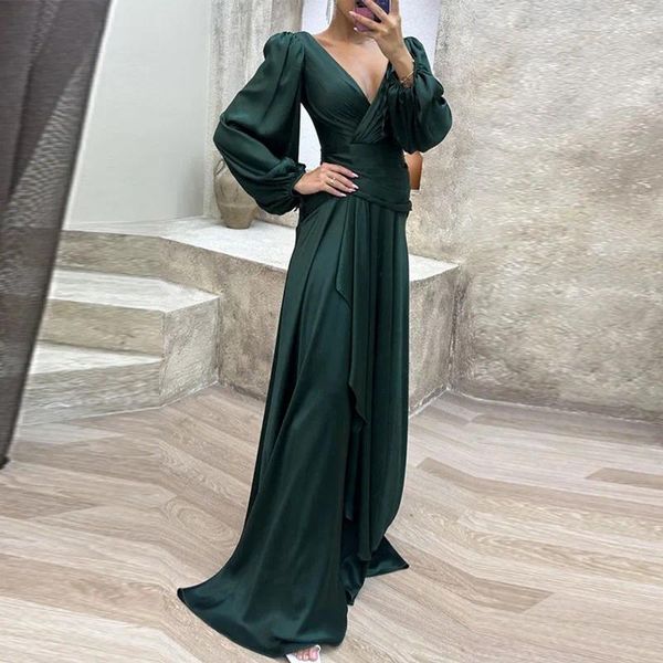 Robes décontractées Robe de soirée pour femmes automne hiver élégant satin de soie plissé fête de mariée mode lanterne manches dame solide longue