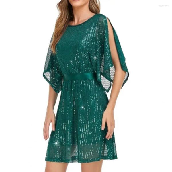 Robes décontractées robe de soirée pailletée pailletée scintillante double couche mini pour les femmes élégante tenue de soirée club avec chauve-souris