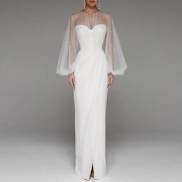 Robes décontractées soirée robe de soirée femmes élégant manches bouffantes blanc formel taille haute fendu évider maille bal mariage Long Maxi