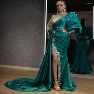 Casual jurken avond feestjurk vrouwen elegante kralenzijde split satijnen lantaarn mouw groene bruiloft prom jurk lange maxi 2022