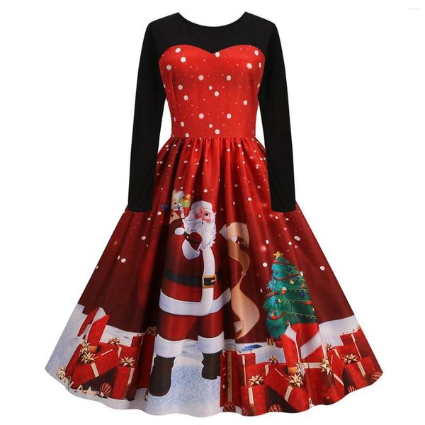 Vestidos casuales Vestido de fiesta de noche Mujeres 1950 Vintage Robe Invierno Navidad Hepburn Big Swing Elegante Santa Claus Navidad Imprimir Vestidos