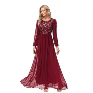 Casual jurken avond gewaad chiffon lange mouwen dames feest pailletten cocktailjurk elagant prom jurken a-line o-neck v nek