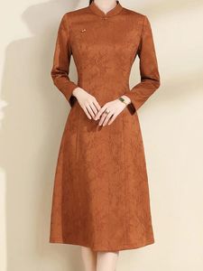 Vestidos casuales Evnisi Mujeres elegantes Estilo chino Cheongsam Polo Office A-Line Dress Autumn Winter for Bordery Vestido