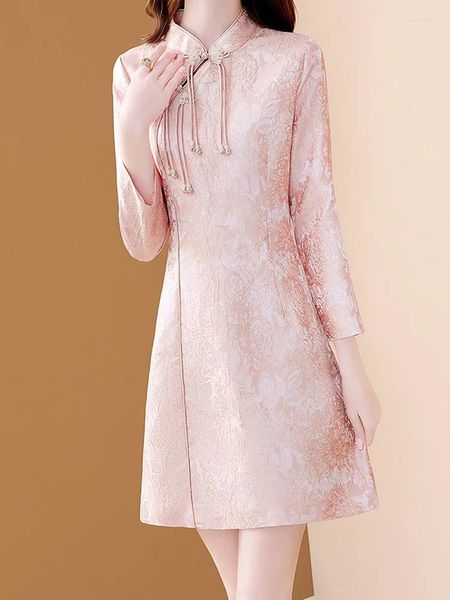 Robes décontractées EVNISI Femmes Élégantes Robe en Tweed Brodée Bureau A-ligne Cheongsam O-Cou Style Chinois Robe Pour Automne Hiver