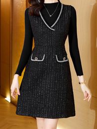 Casual jurken Evnisi dames trui vestjurk tweedelige set chic slank kantoor a-line tweed party vestido voor 2024 herfst winter