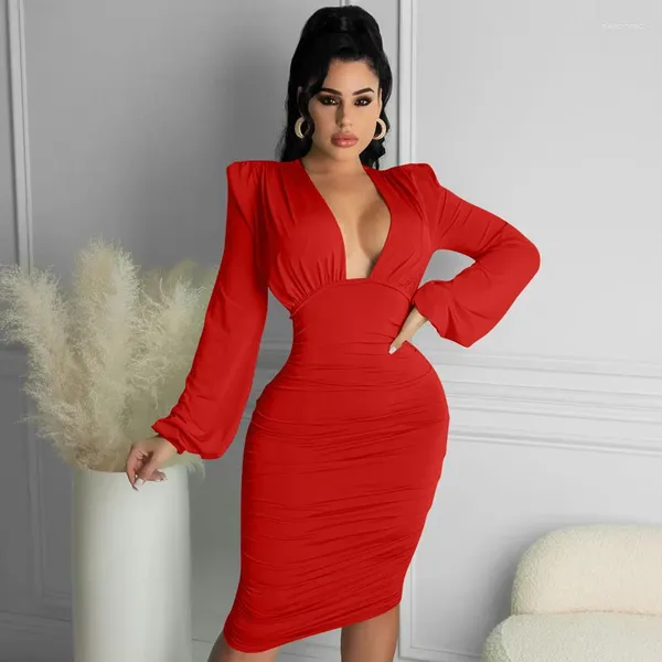 Robes décontractées EWSFV 2023 Automne Robe d'hiver V Gets Sex Appeal Manches longues Couleur Pure Wraps Jupe Fesse Mince