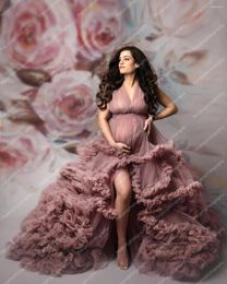 Robes décontractées robes de grossesse extra gonflées col en V sans manches avant fente femmes robe de bal po shoot maternité organza à plusieurs niveaux