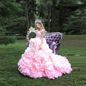 Casual Kleider Extra Tüll Blumen Rosa Fee Brautkleid Lace Up Vestido De Noiva 3D Blumen Prinzessin Braut Layered Organza