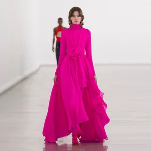 Casual Jurken Opvallend Fuchsia Asymmetrisch Chiffon Dames Maxi Hoge Kraag Volledige Mouwen Bescheiden Lange Jurken Met Strik Vrouwelijke Jurk