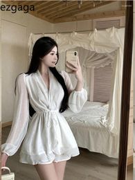 Vestidos casuales Ezgaga Mujer Vestido V Cuello Linterna Manga larga Cordón Estilo francés Chic 2024 Verano Sólido Elegante Damas Sexy