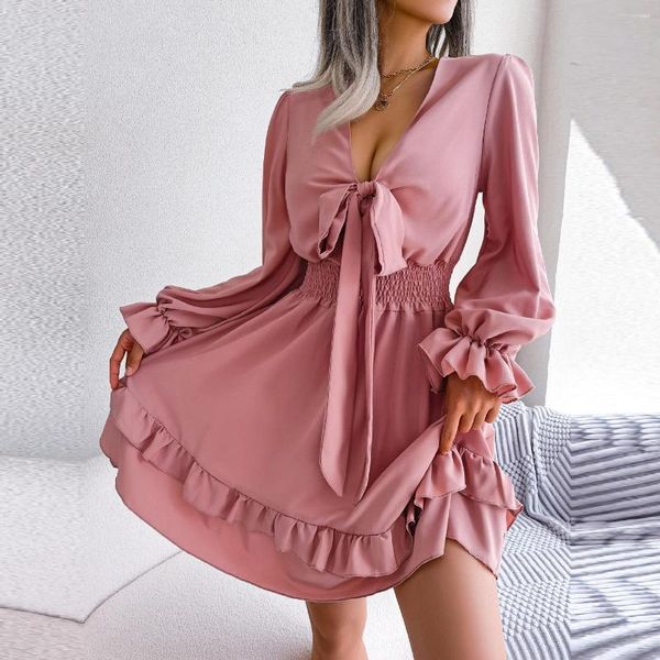 Robes décontractées F 2023 femmes printemps été couleur unie à lacets taille haute en bois oreille bord grande balançoire robe pour la mode