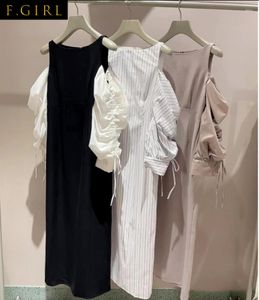 Casual jurken f Girls 2023 Zomer femme gewaad elegante puff mouwen uit schouder shirring jurk Japanse rechte middenlengte vestidos