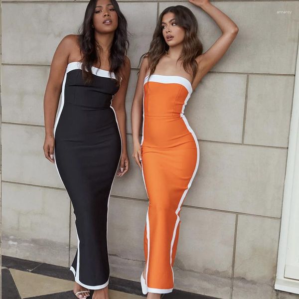 Vestidos casuales de fábrica al por mayor de las mujeres negro naranja sin tirantes elástico flaco sexy boutique celebridad cóctel vendaje vestido largo