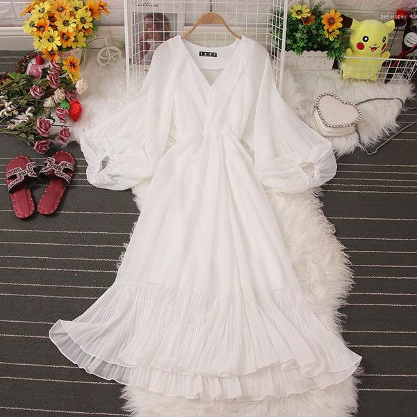 Robes décontractées fée robe femmes à volants à manches longues blanc Midi élégant en mousseline de soie femme automne vêtements Mori fille fête 2023 Boho