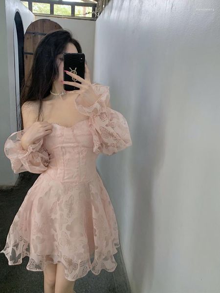 Robes décontractées fée rose évider papillon robe de princesse mignon manches bouffantes été hors épaule Sexy doux Mini maille robe de bal 2023