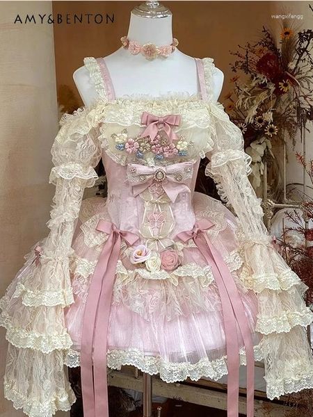 Vestidos casuales estilo hadas exquisito flor de encaje vestido delgado para mujeres para mujeres lolita lolita dulce manga de bengala y2k bola de pelota