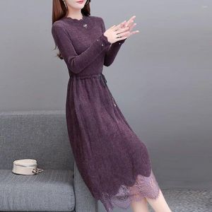 Casual jurken Fairyshely Lace Sweater Jurk 2024 Plus Size Autumn Winter Warm voor vrouwen geribbelde kantoordame pullover
