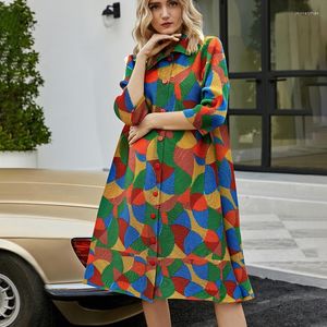 Robes décontractées automne 2023 hiver géométrique imprimé robe col rabattu longues femmes amples boutonner Indie esthétique vêtements 5451