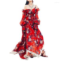 Robes décontractées automne 2023 femmes mode robe à bretelles imprimé fleuri Maxi lanterne manches glands tour Boho rouge haute qualité Vestidos