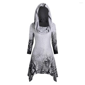 Vestidos informales, vestido gótico de otoño para mujer, estampado de árbol sólido, manga larga, cuello convertible, dobladillo asimétrico, hasta la rodilla, Vestidos con capucha