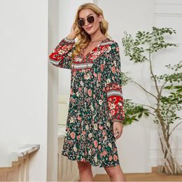 Robes décontractées automne à manches longues midi fleuris femme 2023 mode boho lâche vacances élégant vintage womens vêtements automne