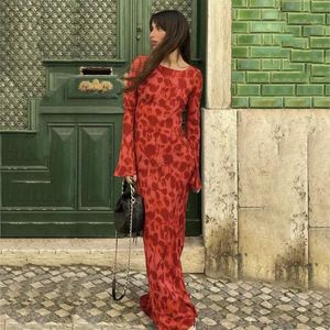 Casual jurken vallen maxi jurk met lange mouwen voor vrouwen 2023 mode bodycon slanke chiffon rood print feest elegant vestidos