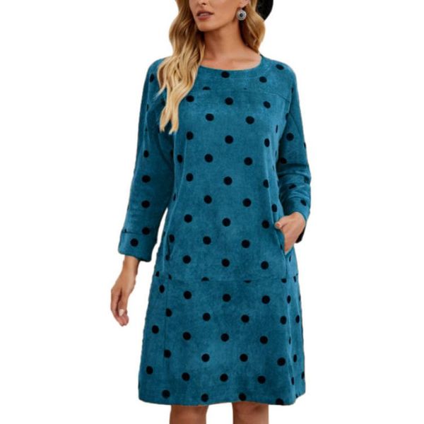 Vestidos casuales Otoño Invierno Mujeres Corduroy Party Dress O-cuello Bolsillo de manga larga Flojo A-Line Retro Polka Dot Imprimir Moda