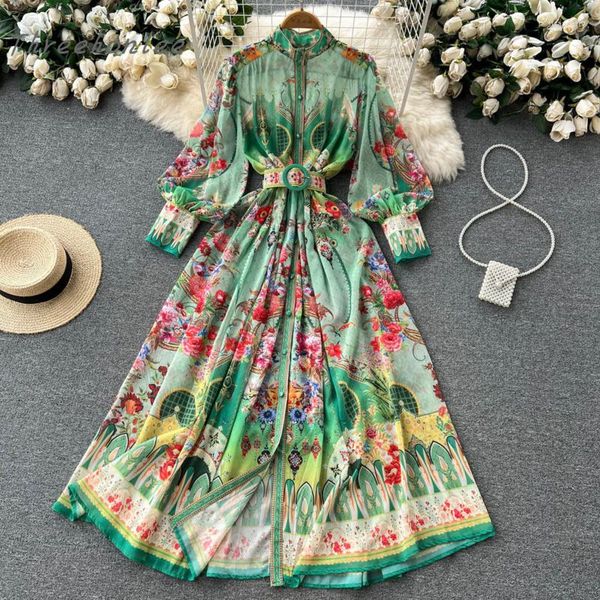 Vestidos casuales Otoño Mujer Bohemio Gasa Verde Maxi DressTurtleneck Linterna Manga Un solo pecho Estampado de flores Cinturón Vacaciones