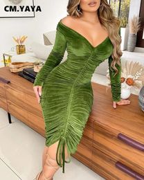 Vestidos casuales Fanan Women Velvet Drawtring Ruched Ruched Up Off Shoulder Manga larga Codercon Midi Vestido Sexy Party Club Night Pencil