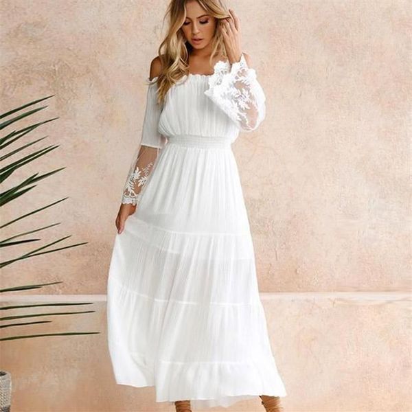 Robes décontractées Fanco Summer Sundress Femmes Blanc Beach Sans bretelles à manches longues Lâche Sexy Off Épaule Dentelle Boho Coton Maxi Dress188i