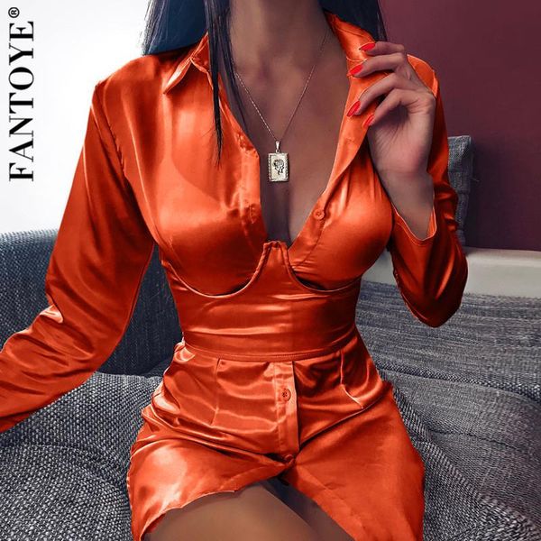 Robes décontractées Fantoye 2023 femmes Sexy col en V chemisier robe avec ceinture été Satin moulante fête femme automne Clubwear Vestidos