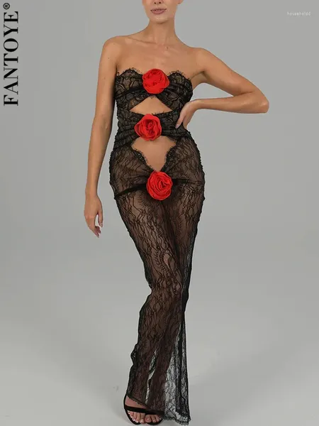 Vestidos casuales Fantoye Flower Sexy Strapless Lace Mujeres Maxi Vestido Negro Hollow Out Ver a través de Otoño Flaco Elegante Fiesta Clubwear 2024